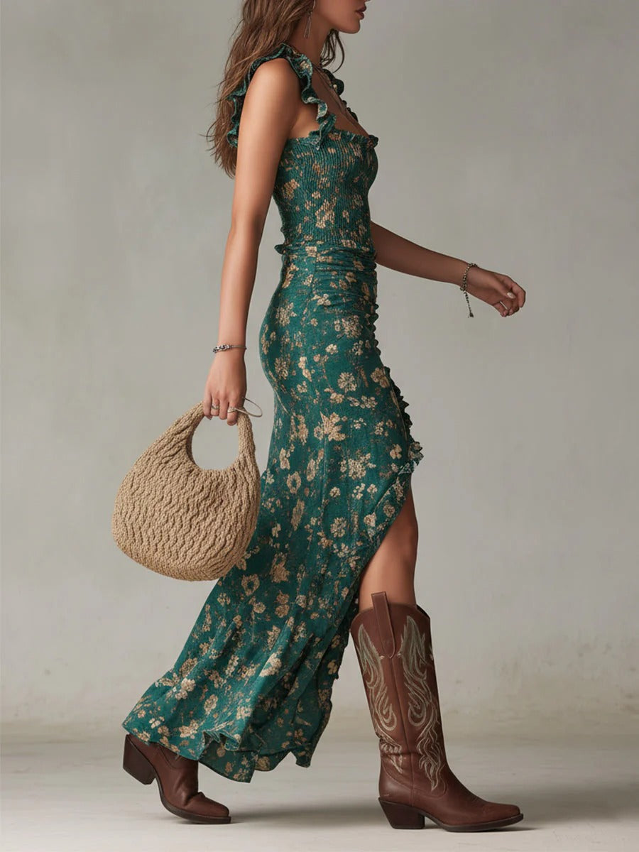 Sara - Bohemian Floral Ruched Maxi Dress with Side Slit